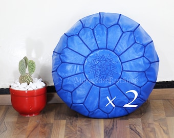 Set of 2: Blue Moroccan Leather Poufs - Handcrafted Ottoman Footstools