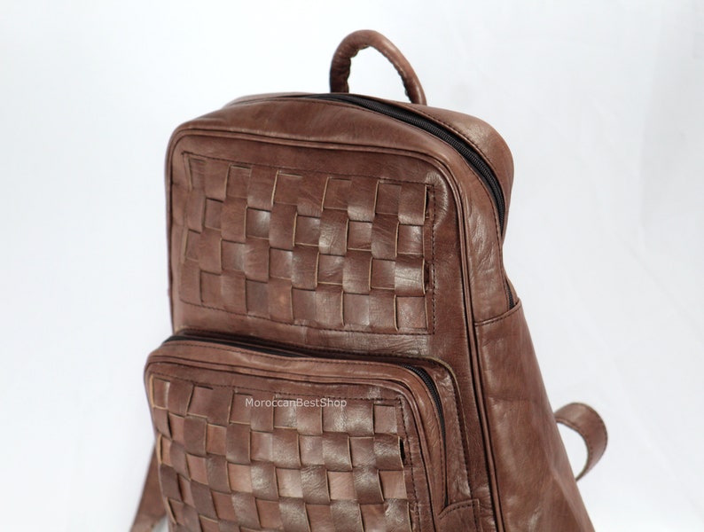 Sac à dos en cuir marron, sac à dos de voyage unisexe, cuir marocain tressé, sac à dos pour femme. image 7