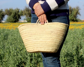 Handmade Moroccan Straw Market Bag, Woven Palm Tote, Beach Boho Basket Short Handles