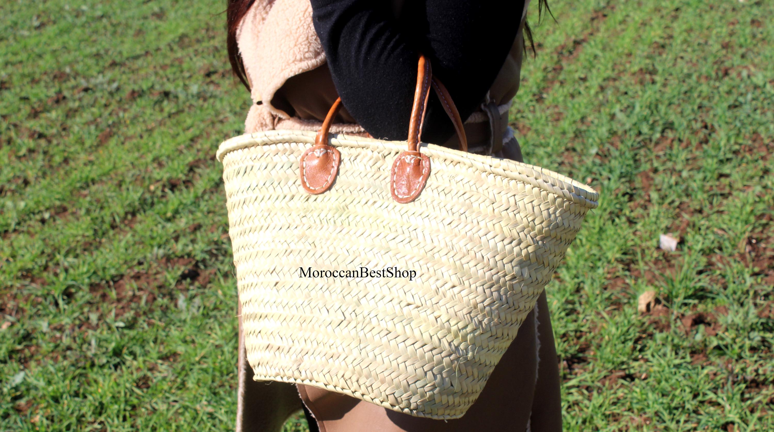 Handwoven Moroccan Straw Market Bag, Natural Palm Leaf, Leather Handles ...