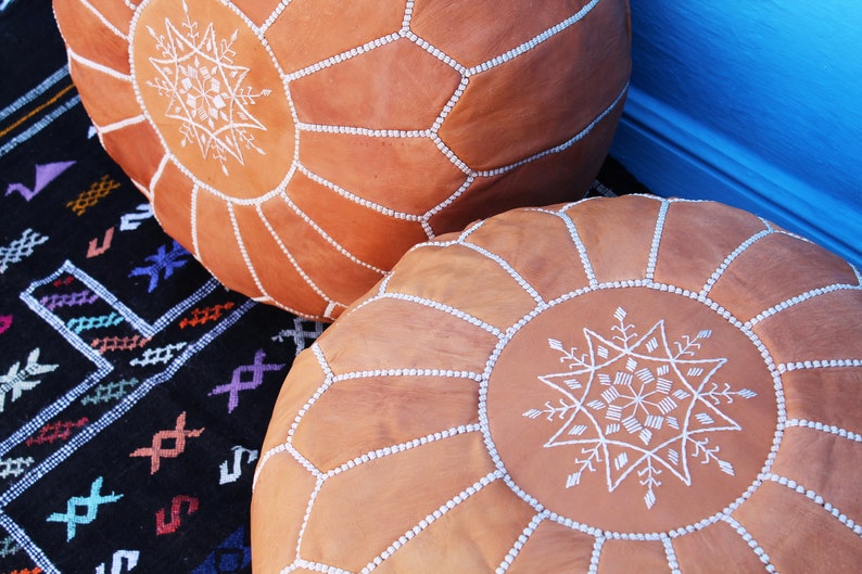 Home Decor. Boho Decor Set of 2 Moroccan Poufs,Ottoman Leather luxury floor poufs,footstools pouf Tan Floor pouf