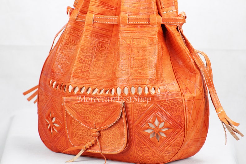 Large Engraved Handmade Moroccan Leather Bag Women/'s Leather Handbag Natural Dark Color Large Bucket Bag Boho Bags Festival Bags