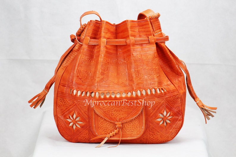 Large Engraved Handmade Moroccan Leather Bag Women/'s Leather Handbag Natural Dark Color Large Bucket Bag Boho Bags Festival Bags