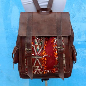 Stor läderryggsäck med marockansk Hanbel-matta, unisex boho-ryggsäck