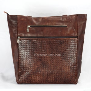 Leather Tote Bag For Women, Large leather Bag, Moroccan Leather Tote With Long Handles , Brown Travel Bag .