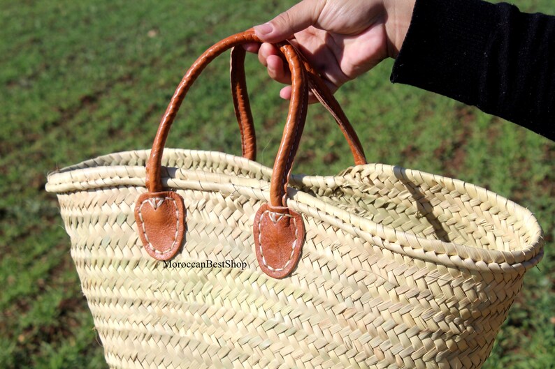 Handwoven Moroccan Straw Market Bag, Natural Palm Leaf, Leather Handles ...