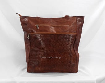 Bolso tote de piel marroquí: bolso de viaje grande con asas largas.