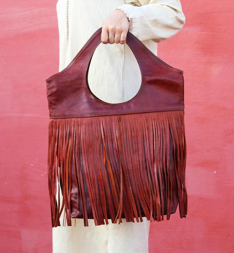 Boho Purse Large size Vintage Leather Fringe Purse Leather Purse Crossbody Light Brown Leather Tote Leather Tote Bags for women .