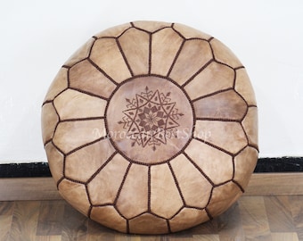 Handcrafted Moroccan Leather Pouf Ottoman, Round Foot Stool (Unstuffed)