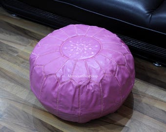 Handmade Moroccan Leather Pouf: Pink Ottoman Stool, Home Decor (Unstuffed)