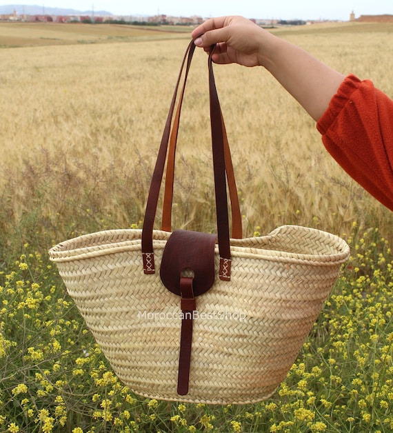 Handwoven Moroccan Straw Bag with Leather Handles: French Market Basket
