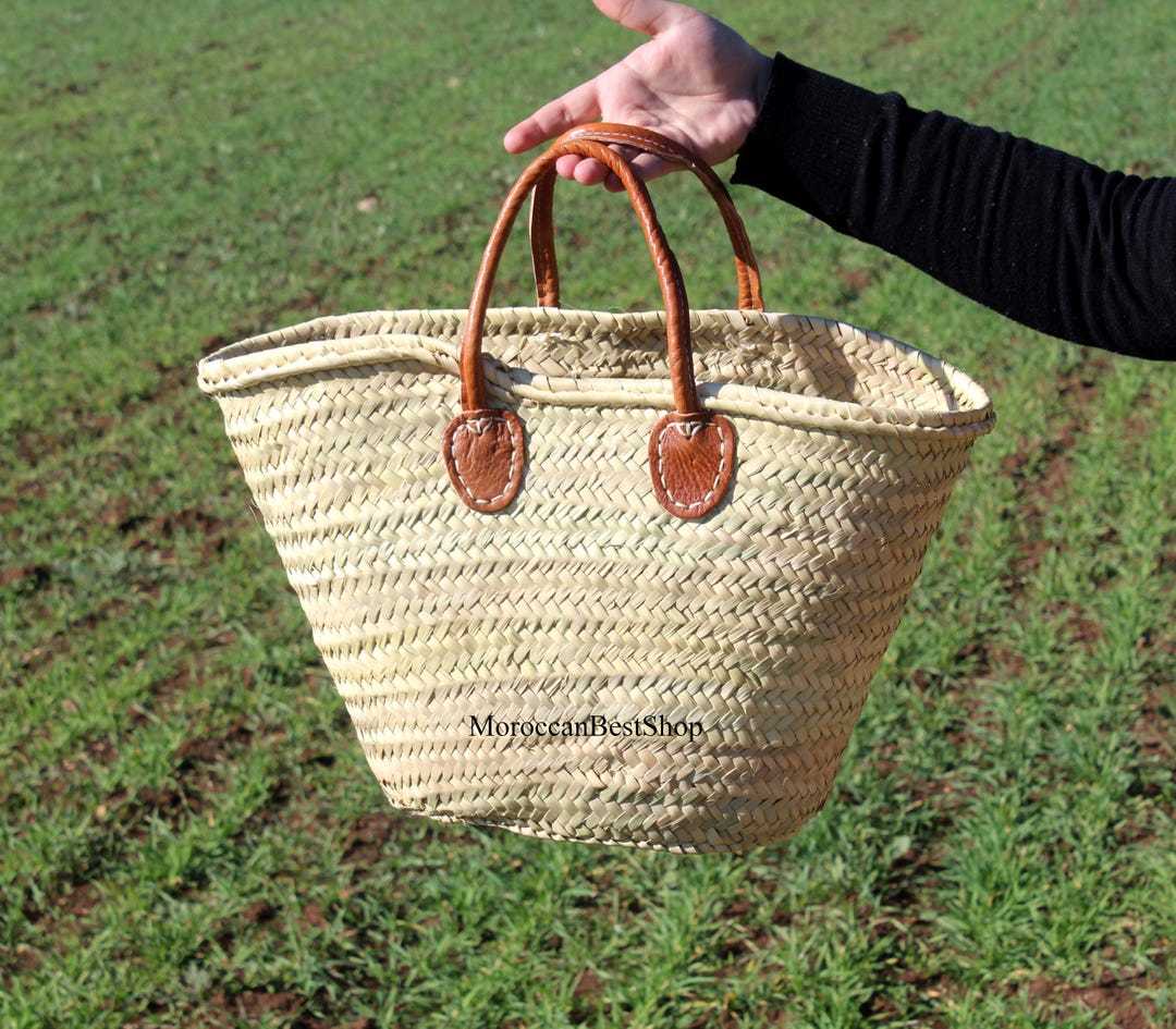 Handwoven Moroccan Straw Market Bag, Natural Palm Leaf, Leather Handles ...