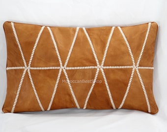 Personalized Moroccan Leather Lumbar Pillow Cover: Handmade Decorative Cushion