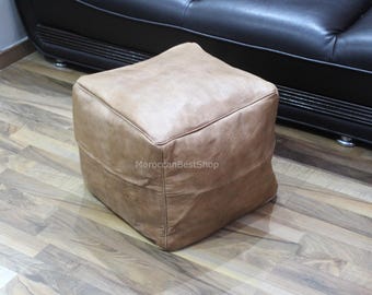 Square Ottoman Pouf, Moroccan Leather Pouf, Square Ottoman Footstool, Unstuffed Leather Stool Pouf .