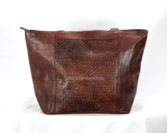 Bolso tote de piel marrón: diseño artesanal marroquí.