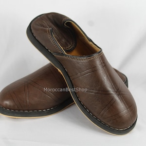 Brown Moroccan Babouches, Leather slippers shoe, Berber babouche traditional shoes