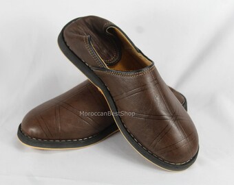 Brown Moroccan Babouches, Leather slippers shoe, Berber babouche traditional shoes
