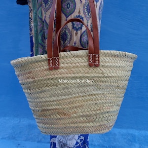 Moroccan Straw Bag with Leather Handles, Dual Strap Woven Basket Bag, Straw Beach Bag, Shopping Basket, French Basket .