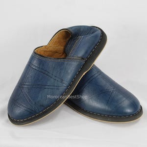 Moroccan Babouches, Leather slippers shoe, Berber Babouche traditional shoes For Men, Blue Jean Colour .