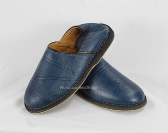 Moroccan Babouches, Leather slippers shoe, Berber Babouche traditional shoes For Men, Blue Jean Colour .