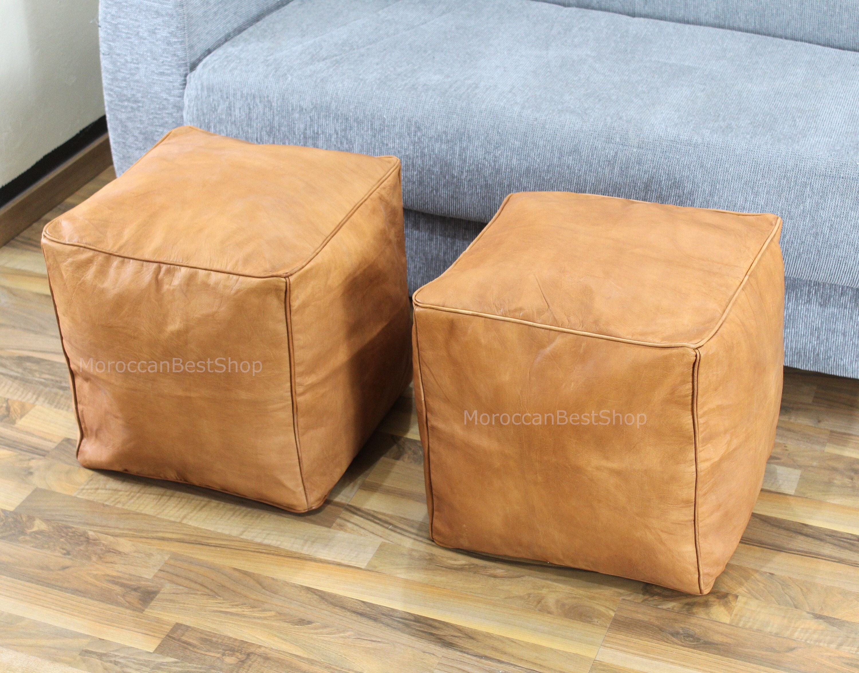 Set of 2 Ottoman Square Poufs, Leather Moroccan Pouf, Square Footstool Pouf , Handmade Stool Pouffe , living room furniture