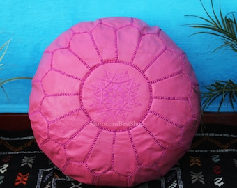 Handmade Pink Leather Moroccan Pouf: Unstuffed Ottoman Footstool