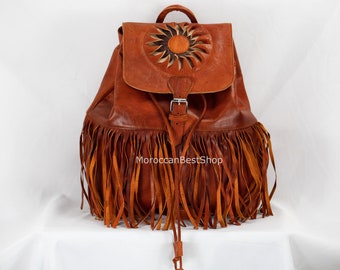 Leather backpack for women, Leather fringe backpack purse, Drawstring backpack, Women Sling Backpack .