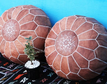 Set of 2 Moroccan Leather poufs, Ottoman pouf,Footstool,Tan Floor Pouf,Natural brown,  For wedding Gifts and Home Gifts