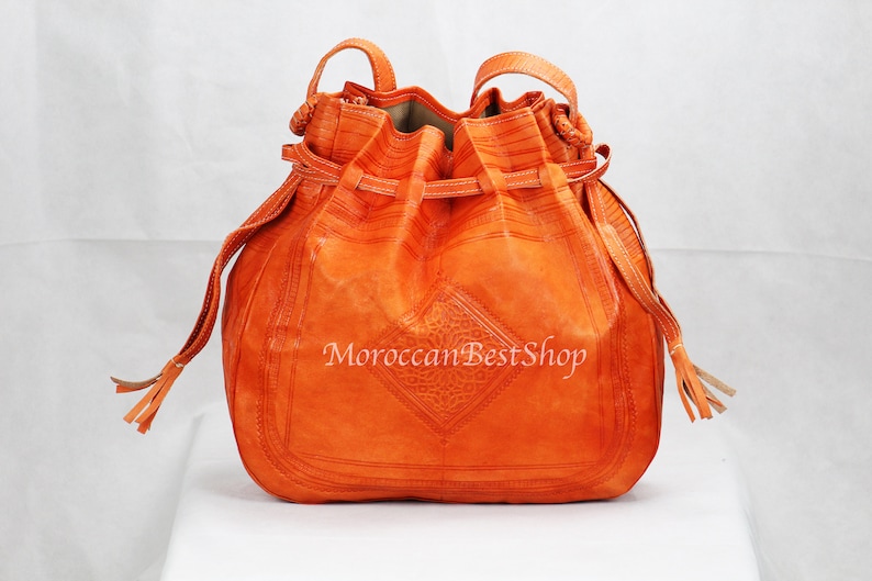 Large Engraved Handmade Moroccan Leather Bag Women/'s Leather Handbag Natural Dark Color Large Bucket Bag Boho Bags Festival Bags