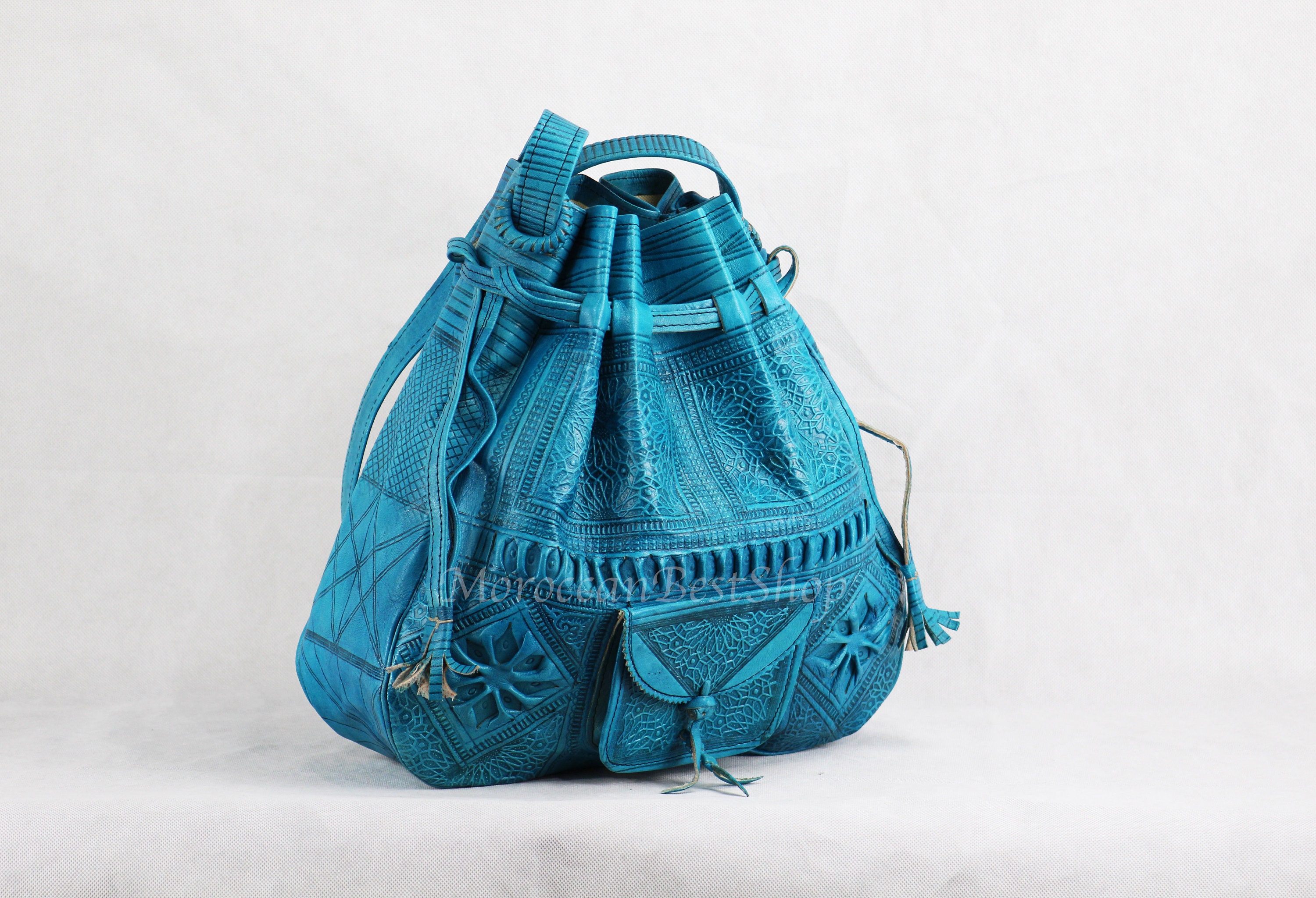 Turquoise Large Engraved Handmade Moroccan Leather Bag Boho | Etsy