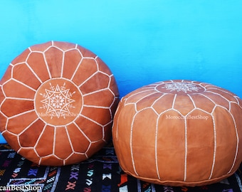 Set of 2 Handmade Natural Leather Moroccan Poufs: Floor Ottoman