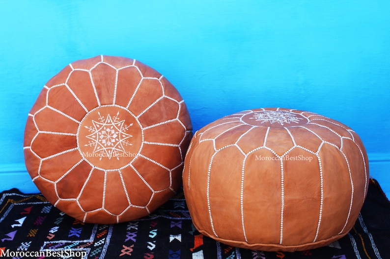 Home Decor. Boho Decor Set of 2 Moroccan Poufs,Ottoman Leather luxury floor poufs,footstools pouf Tan Floor pouf