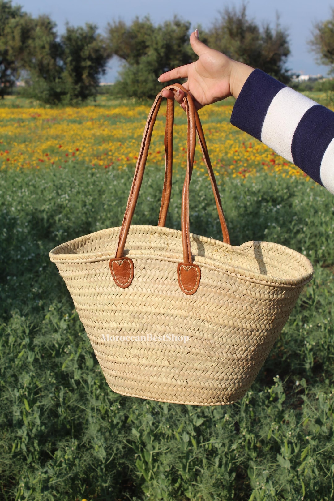 Moroccan Straw Market Bag With Large Leather Handles | Boho Summer Tote ...