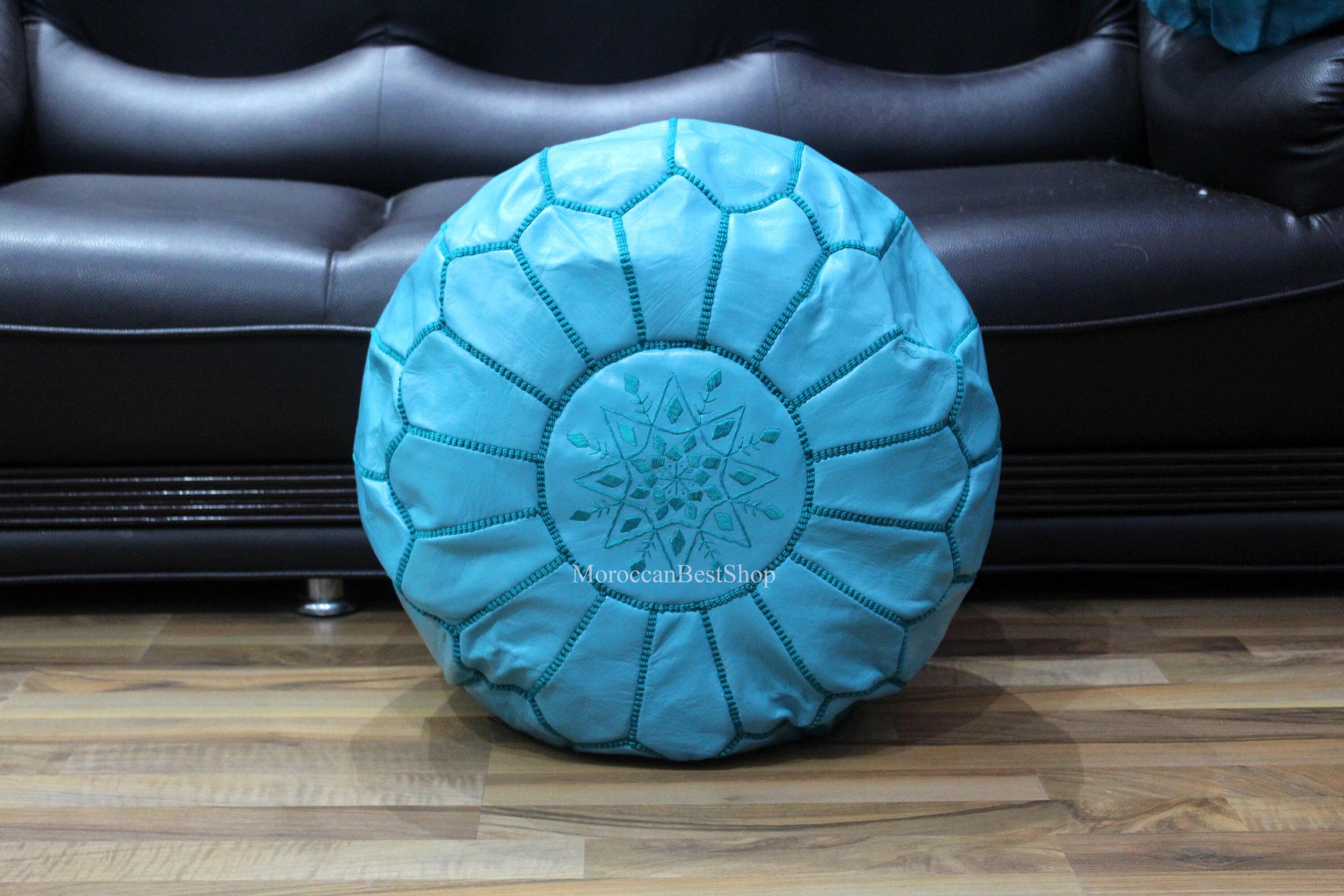 刺繍入りモロッコレザープーフ：ラウンドオットマンフットスツール（20