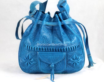 Medium Turquoise Leather Bucket Bag, Engraved Moroccan Bucket Purse, Boho Bags, Women's Leather Hobo Bag, Festival Bags