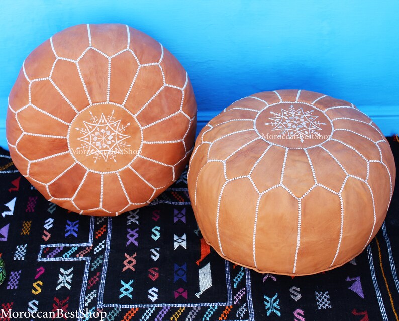 Home Decor. Boho Decor Set of 2 Moroccan Poufs,Ottoman Leather luxury floor poufs,footstools pouf Tan Floor pouf
