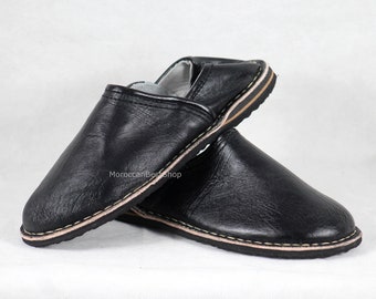 Babouches Marroquíes, Zapato zapatillas de cuero, Babouche bereber unisex color negro, Zapatillas de cuero