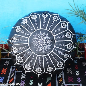 Handmade Black Leather Moroccan Pouf: Floor Ottoman Footstool