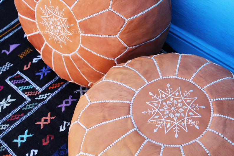 Home Decor. Boho Decor Set of 2 Moroccan Poufs,Ottoman Leather luxury floor poufs,footstools pouf Tan Floor pouf