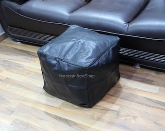 Personalized Square Ottoman Pouf, Moroccan Leather Pouf, Square Ottoman Footstool, Moroccan square Pouffe - Navy blue color .