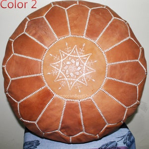 Handmade Moroccan Leather Pouf: Round Ottoman Footstool (7 Colors, Unstuffed 20x12&quot;)