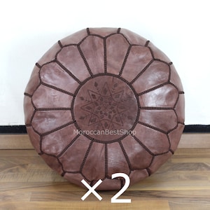 Set of 2 Moroccan Leather Pouf, Moroccan Pouffe, Round Ottoman Footstool, Moroccan Ottoman Poufs, Floor Pillow Cushion Moroccan decor