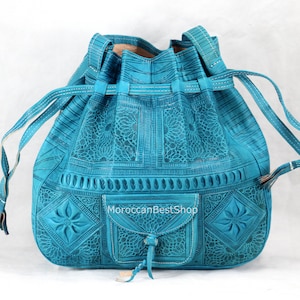 Turquoise Engraved Moroccan Leather Bag, Boho Bags, Women's Leather Handbag, Drawstring Bucket Bag, Festival Bags