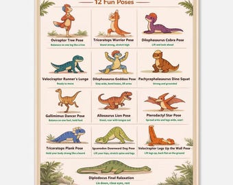 Diagram över dinosaurieyogapositioner för barn | Mindfulness Montessori-klassrumsväggkonst (digital nedladdning)