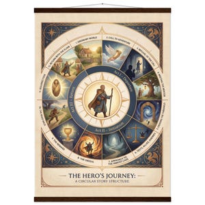 Peut inclure: Une affiche décorative avec un cadre en bois foncé, représentant "Le Voyage du Héros" dans un design circulaire. L'œuvre comprend des illustrations et du texte, dont "Monde Ordinaire", "Appel à l'Aventure" et "La Récompense".