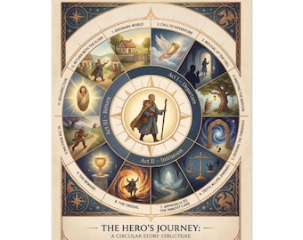 Utskrivbar affisch med hjältens resa | Plottdiagram för berättelsestruktur | Guide till manus- och romanskrivning | Berättelsebåge för författare