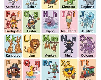 Rolig barnalfabetposter A-Ö | Lär dig ABC Rolig och pedagogisk väggkonst | Barnrumsdekor | Present till småbarn