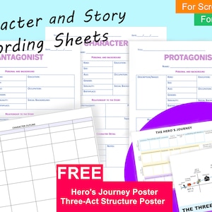 May include: Printable character and story recording sheets for screenwriters and novelists. The sheets include sections for character details, relationship to the story, and character outline. The image also includes a free hero's journey poster and a three-act structure poster.
