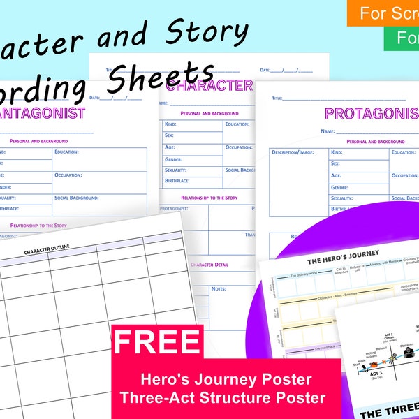 Story and Character Detail Recording Templates | Three-Act Structure Templates | Free Hero's Journey and Three-Act Structure Posters