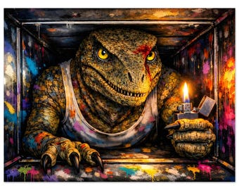 Aluminiumgraffiti-dinosaurietryck | Gatukonst i actionfilmsstil | Modern inredningspresent till honom